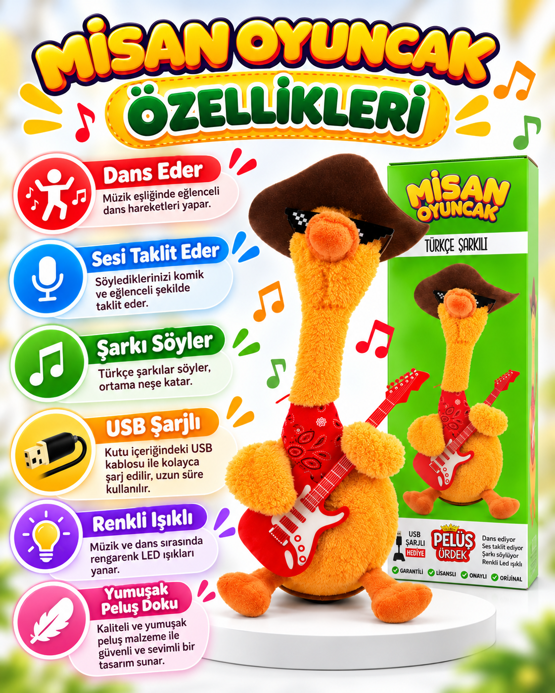 100 Şarkılı Dans Eden Kaktüs Gitarlı Sarı Ördek  – Model ve Dil Seçenekli