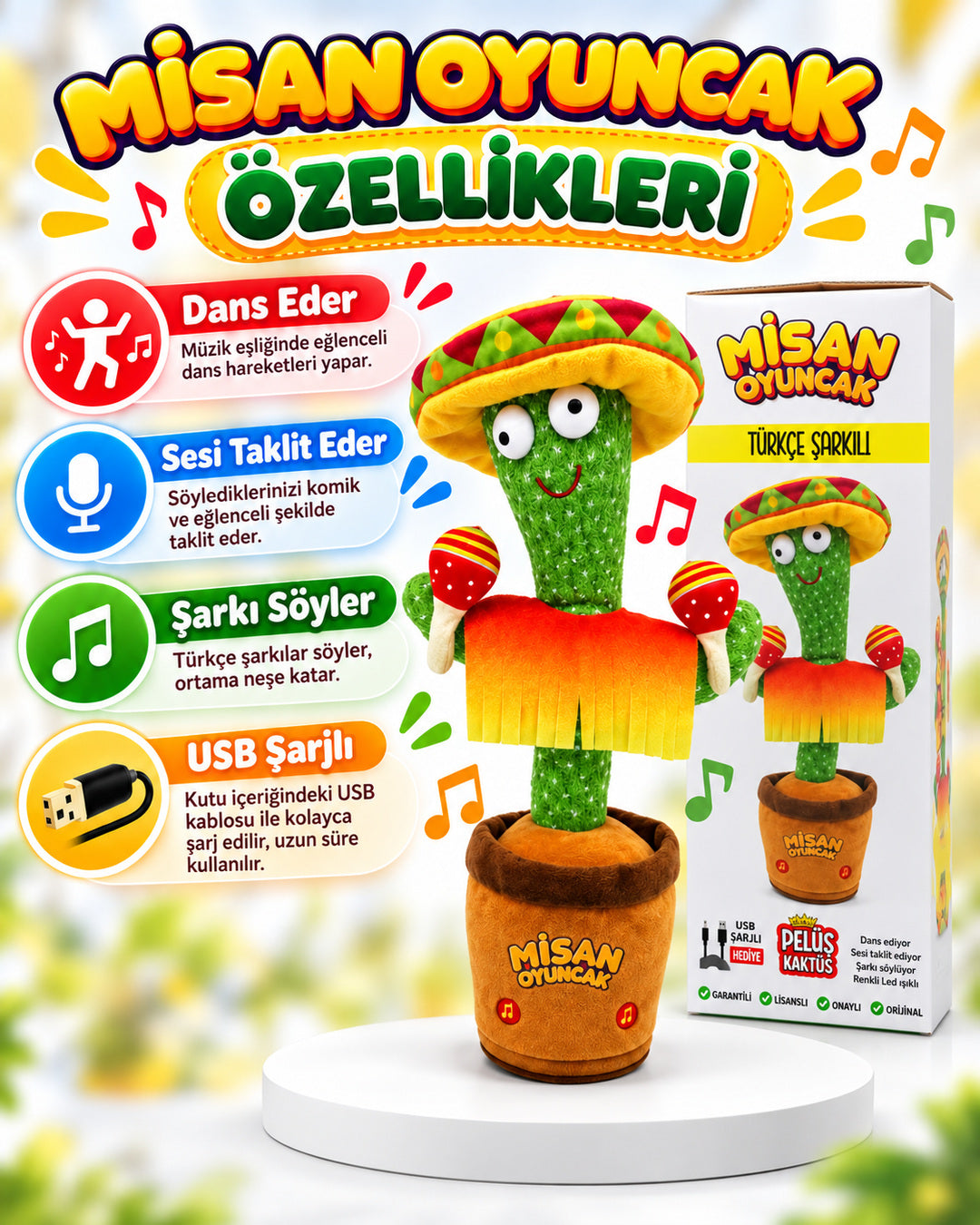 100 Şarkılı Dans Eden Kaktüs Sombrero Şapkalı ve Marakaslı  – Model ve Dil Seçenekli