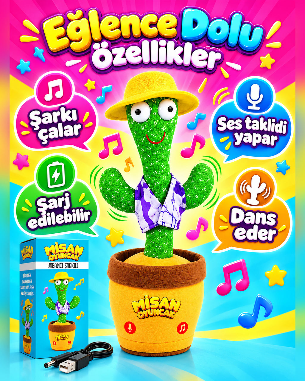 100 Yabancı Şarkılı Dans Eden Peluş Kaktüs | Ses Taklitli, Şarjlı-Sarı Şapkalı & Mor-Beyaz Yelekli
