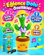 100 Yabancı Şarkılı Dans Eden Peluş Kaktüs | Ses Taklitli, Şarjlı-Sarı Şapkalı & Mor-Beyaz Yelekli