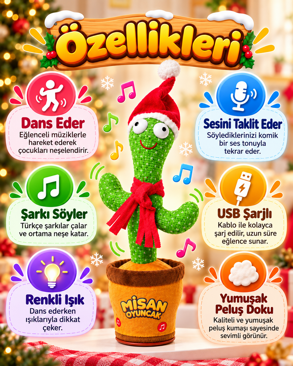 100 Şarkılı Dans Eden Kaktüs Noel Şapkalı ve Kırmızı Atkılı  – Model ve Dil Seçenekli