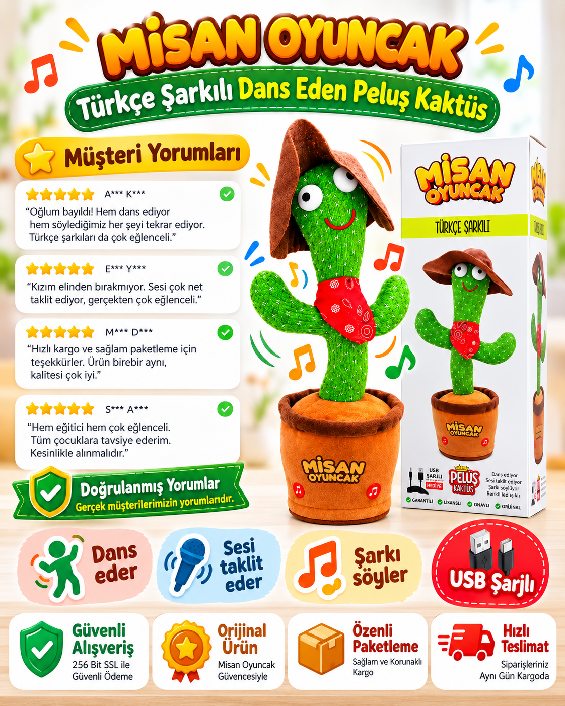 100 Şarkılı Dans Eden Kaktüs Kovboy Şapkalı Kırmızı Fularlı  – Model ve Dil Seçenekli