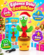 100 Yabancı Şarkılı Dans Eden Peluş Kaktüs | Ses Taklitli, Şarjlı-Noel Şapkalı & Kırmızı Atkılı