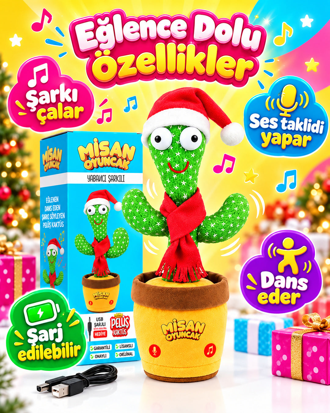 100 Yabancı Şarkılı Dans Eden Peluş Kaktüs | Ses Taklitli, Şarjlı-Noel Şapkalı & Kırmızı Atkılı