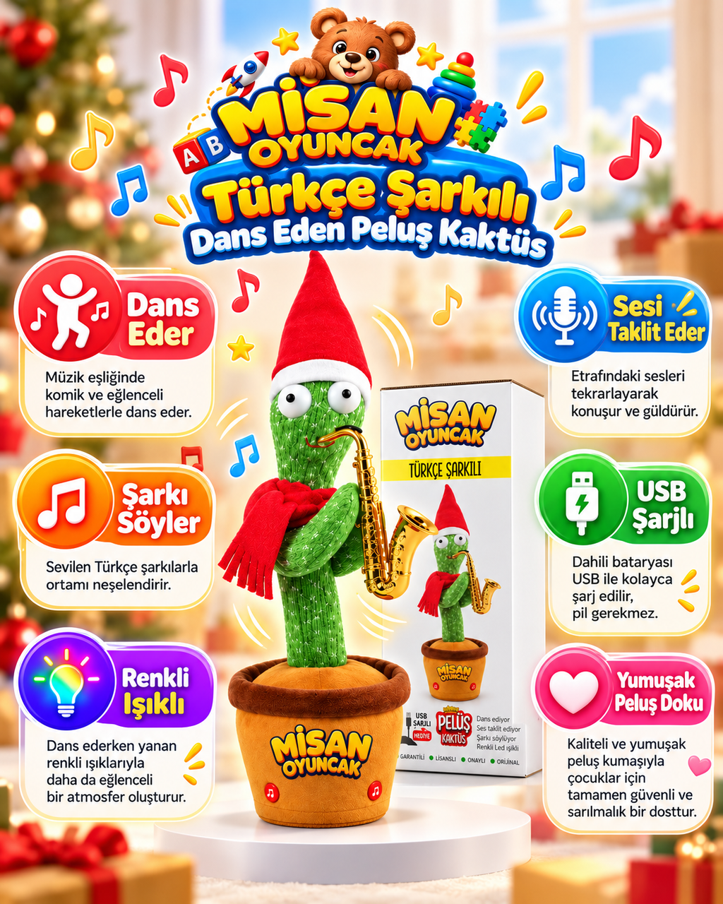 100 Şarkılı Dans Eden Kaktüs Noel Şapkalı Kırmızı Atkılı ve Saksafonlu  – Model ve Dil Seçenekli
