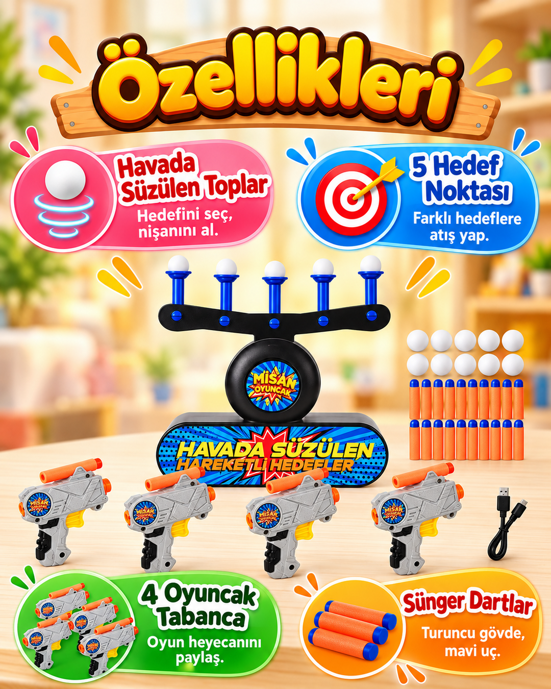 Misan Havada Süzülen Hedef Vurma Oyunu – 4  Tabancalı Sünger Dart Seti