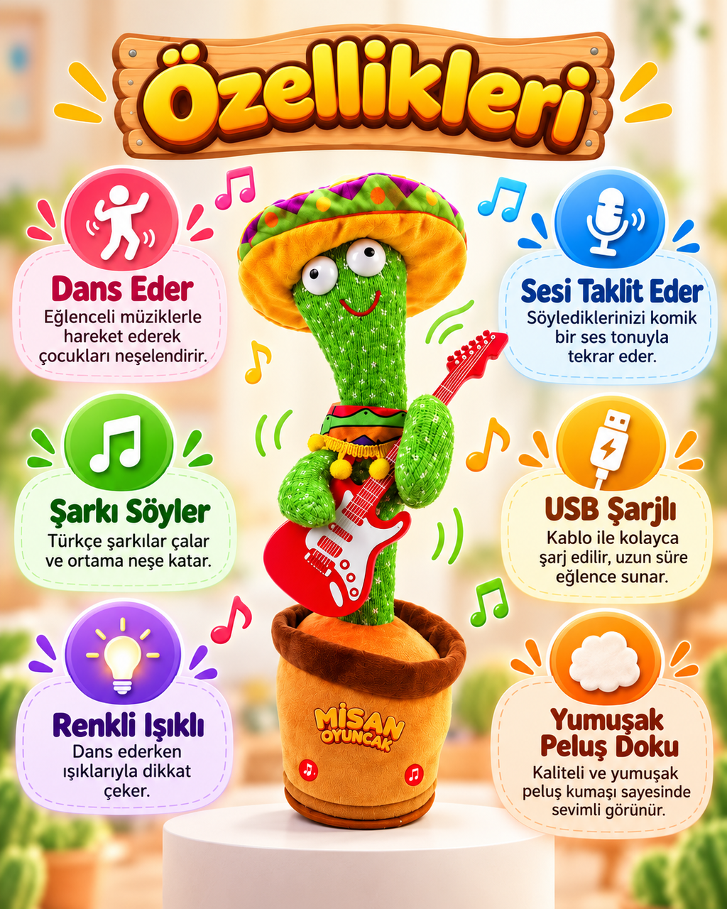 100 Şarkılı Dans Eden Kaktüs Sombrero Şapkalı Meksika Pançolu ve Gitarlı  – Model ve Dil Seçenekli (Kopya)
