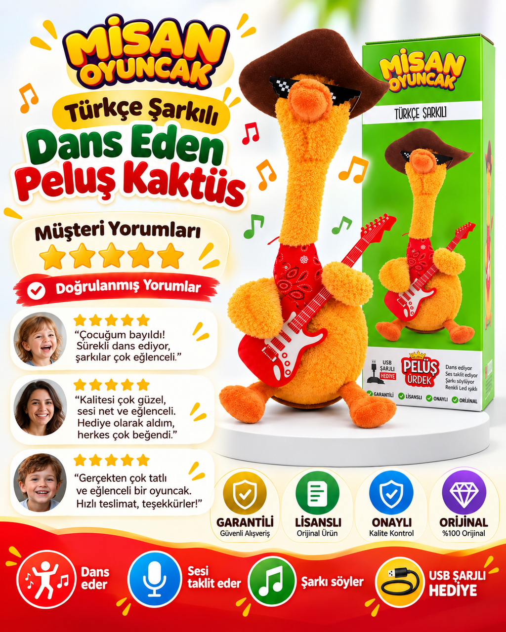 100 Şarkılı Dans Eden Kaktüs Gitarlı Sarı Ördek  – Model ve Dil Seçenekli