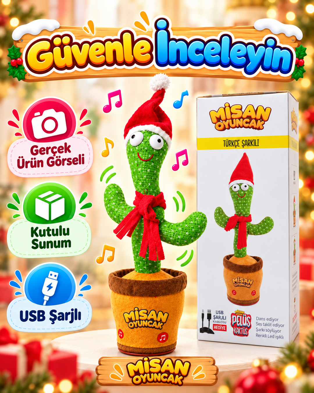 100 Şarkılı Dans Eden Kaktüs Noel Şapkalı ve Kırmızı Atkılı  – Model ve Dil Seçenekli