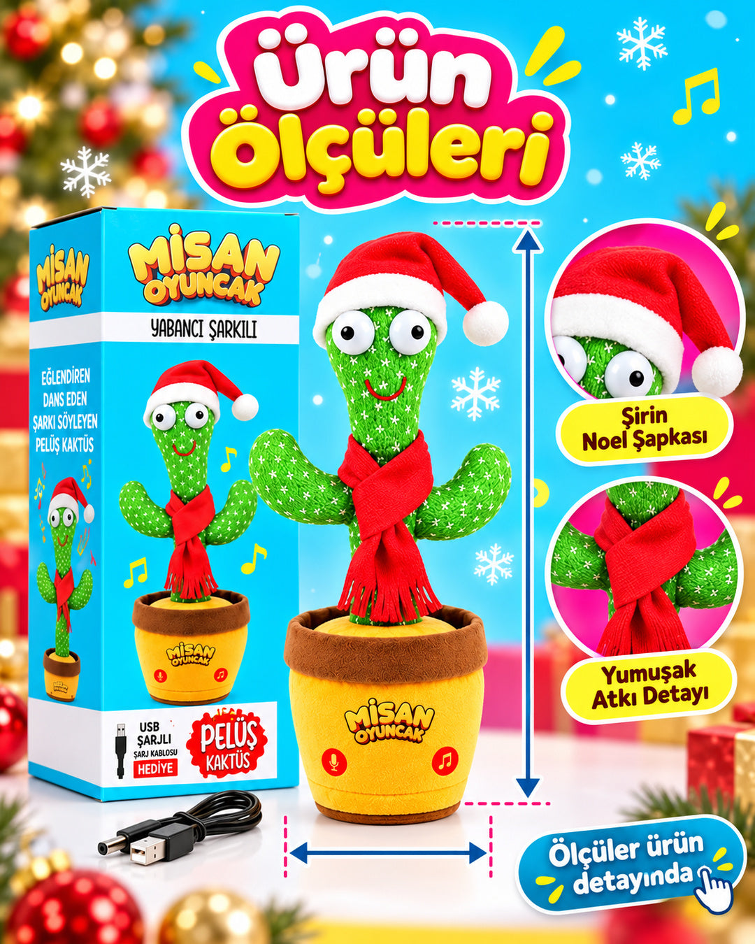 100 Yabancı Şarkılı Dans Eden Peluş Kaktüs | Ses Taklitli, Şarjlı-Noel Şapkalı & Kırmızı Atkılı