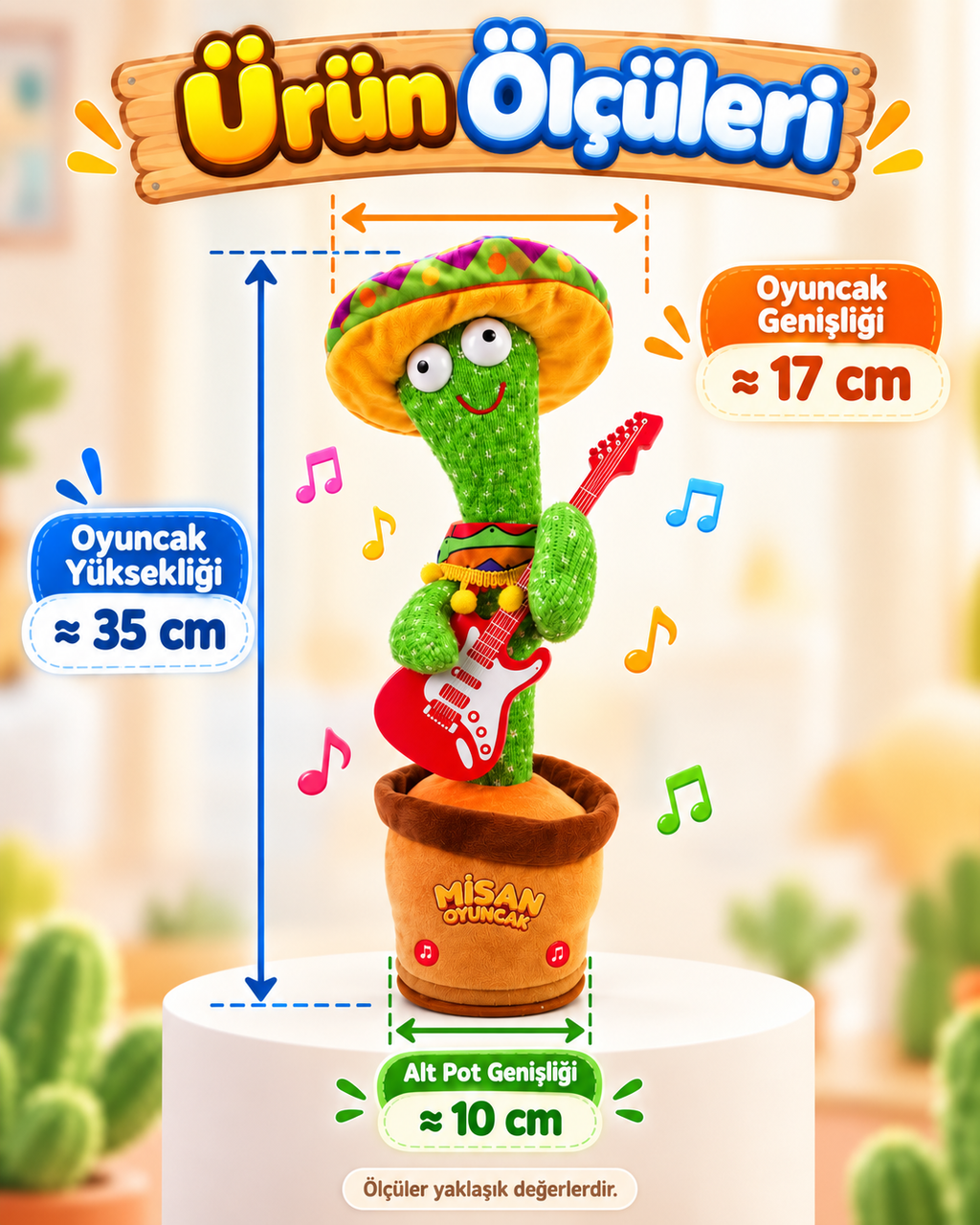 100 Şarkılı Dans Eden Kaktüs Sombrero Şapkalı Meksika Pançolu ve Gitarlı  – Model ve Dil Seçenekli (Kopya)
