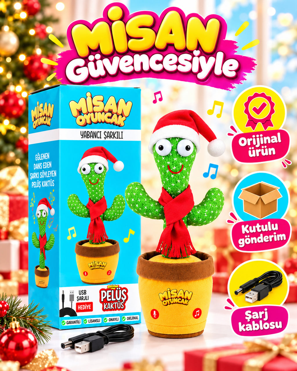 100 Yabancı Şarkılı Dans Eden Peluş Kaktüs | Ses Taklitli, Şarjlı-Noel Şapkalı & Kırmızı Atkılı