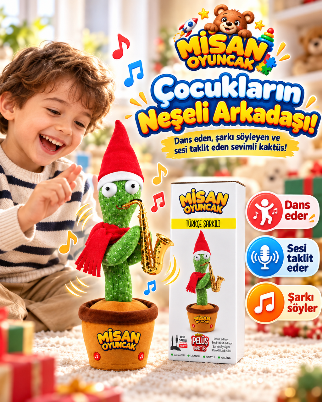 100 Şarkılı Dans Eden Kaktüs Noel Şapkalı Kırmızı Atkılı ve Saksafonlu  – Model ve Dil Seçenekli