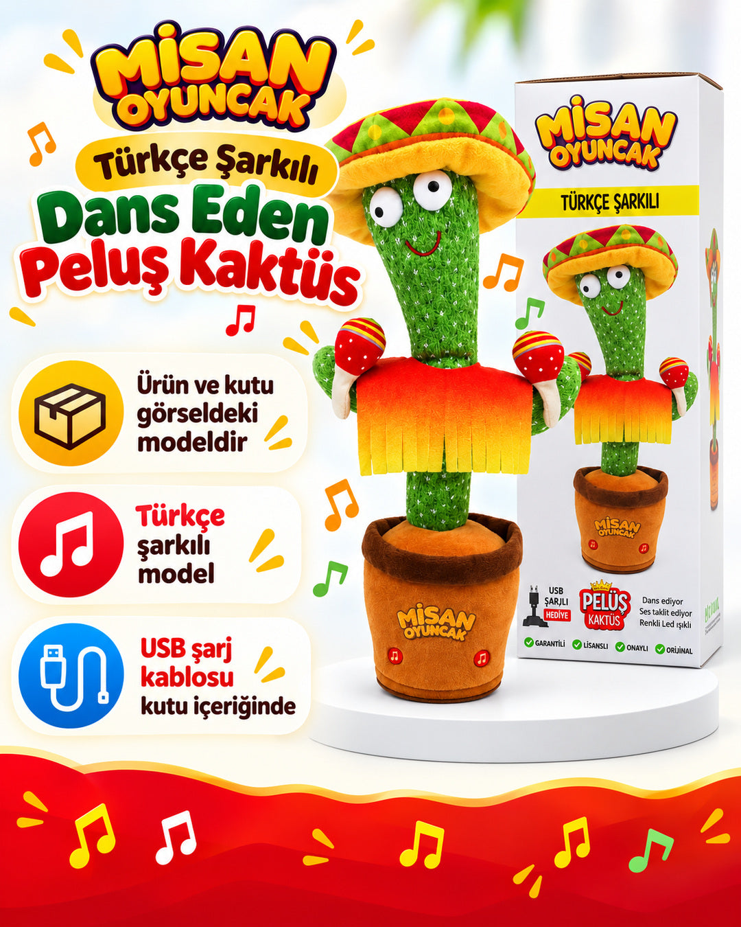100 Şarkılı Dans Eden Kaktüs Sombrero Şapkalı ve Marakaslı  – Model ve Dil Seçenekli
