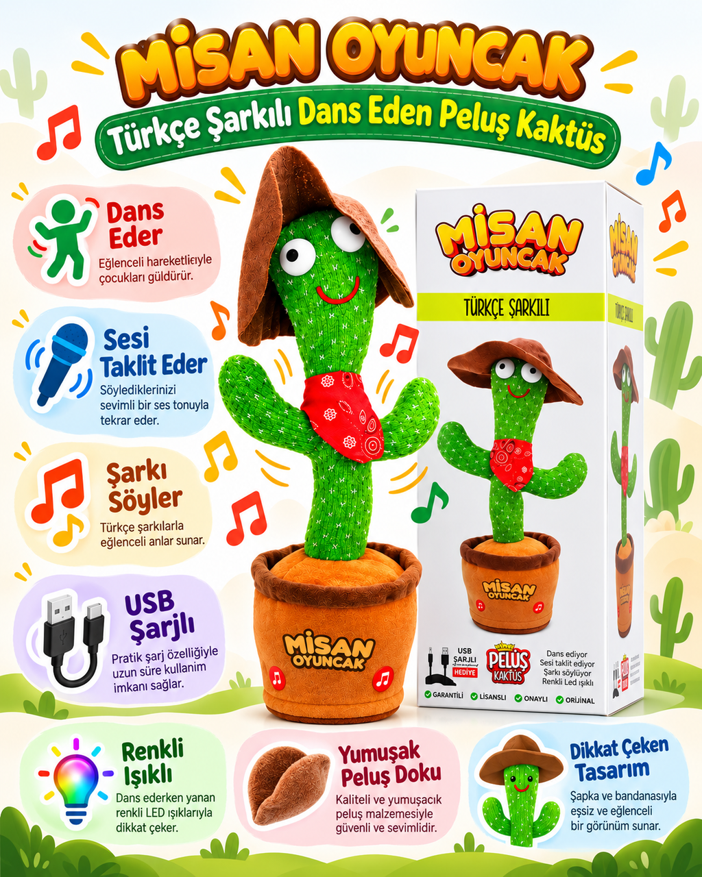 100 Şarkılı Dans Eden Kaktüs Kovboy Şapkalı Kırmızı Fularlı  – Model ve Dil Seçenekli