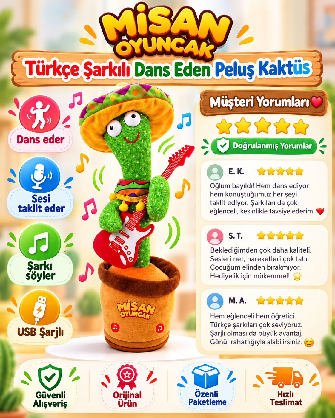 100 Şarkılı Dans Eden Kaktüs Sombrero Şapkalı Meksika Pançolu ve Gitarlı  – Model ve Dil Seçenekli (Kopya)