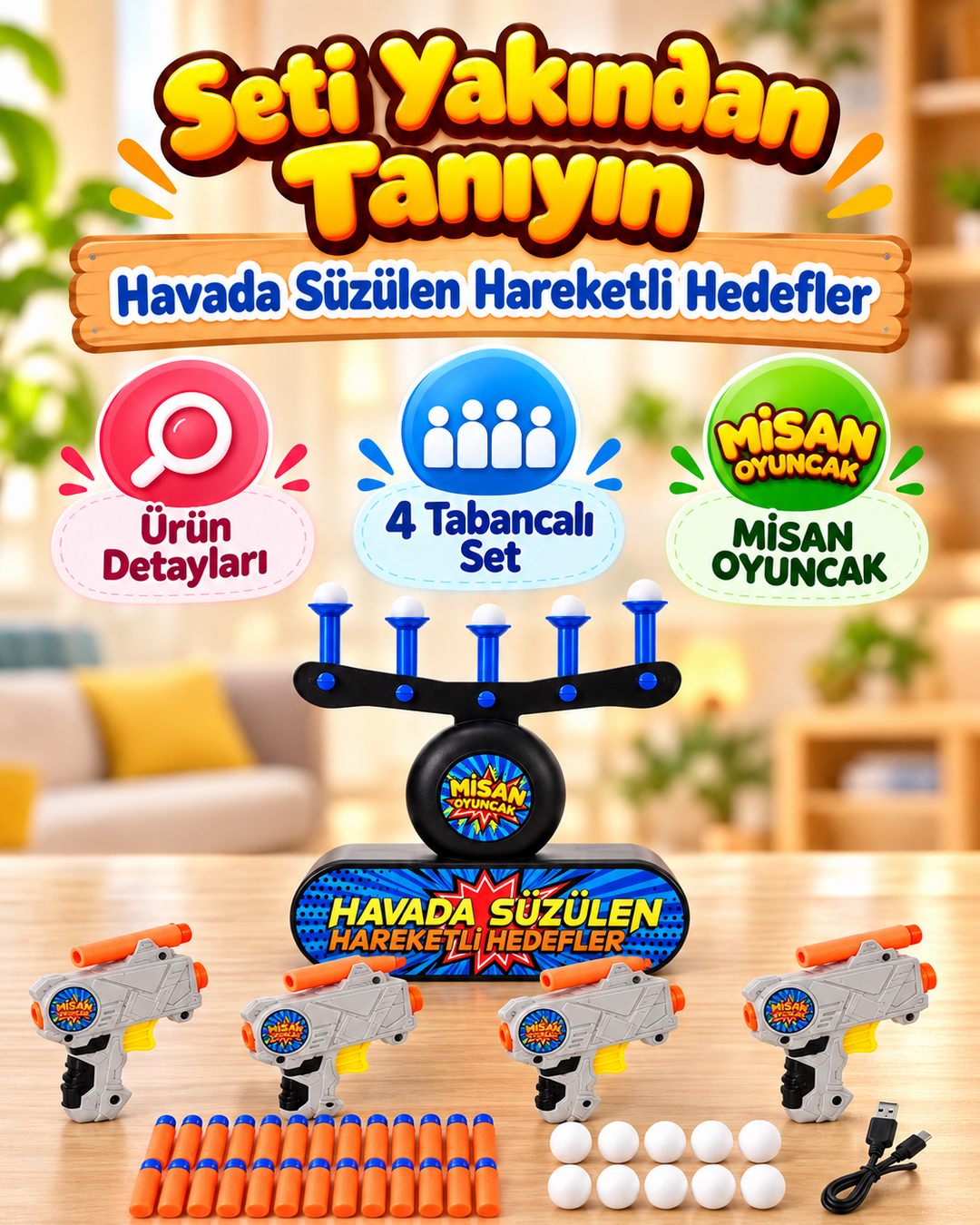Misan Havada Süzülen Hedef Vurma Oyunu – 2 veya 4 Tabancalı Sünger Dart Seti