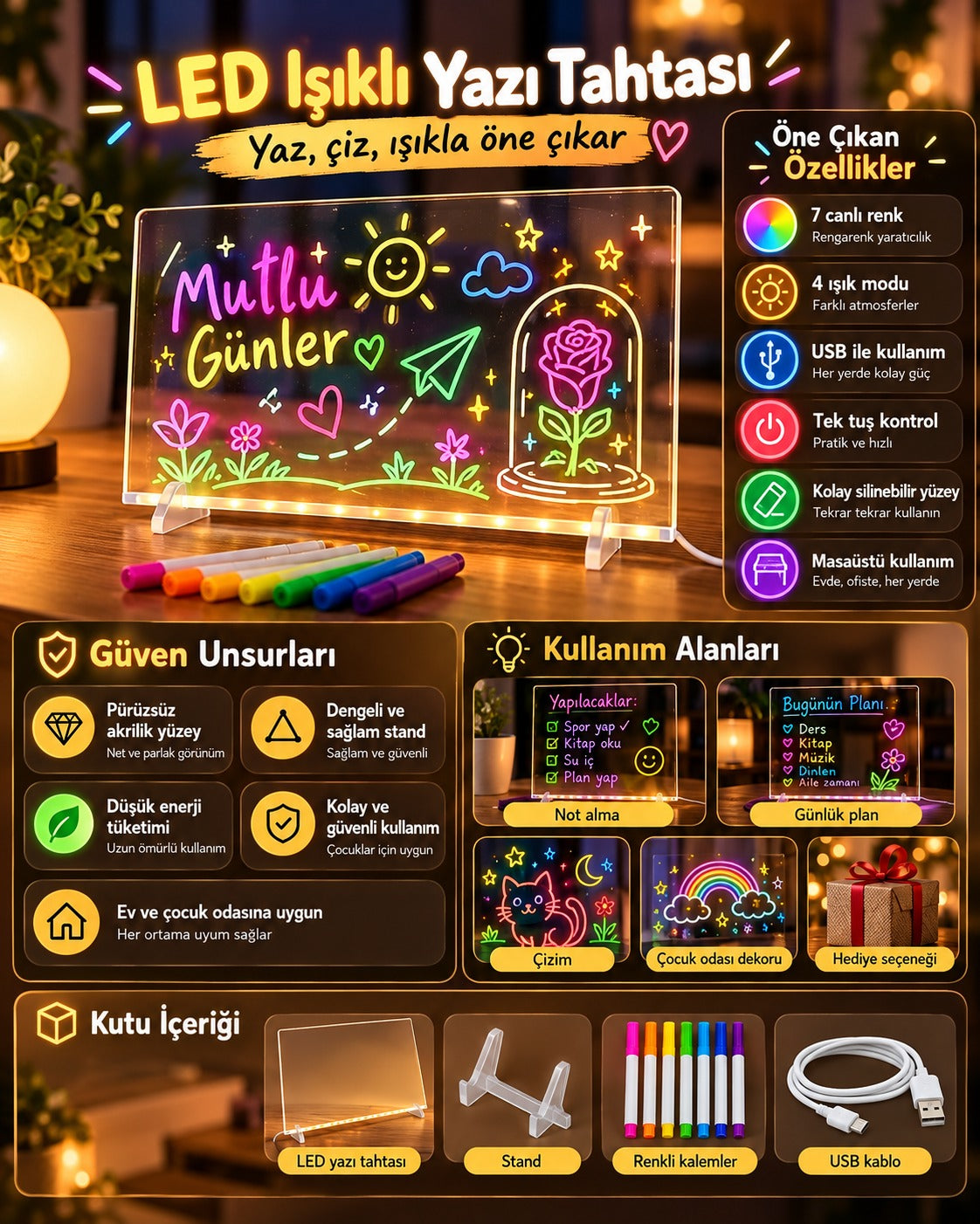 LED Işıklı Yazı Tahtası – 7 Renkli USB'li Silinebilir Neon Çizim ve Not Panosu