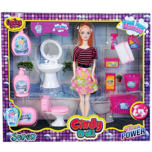 CİNDY DOLL LAVABO TEMİZLK SETLİ BEBEK