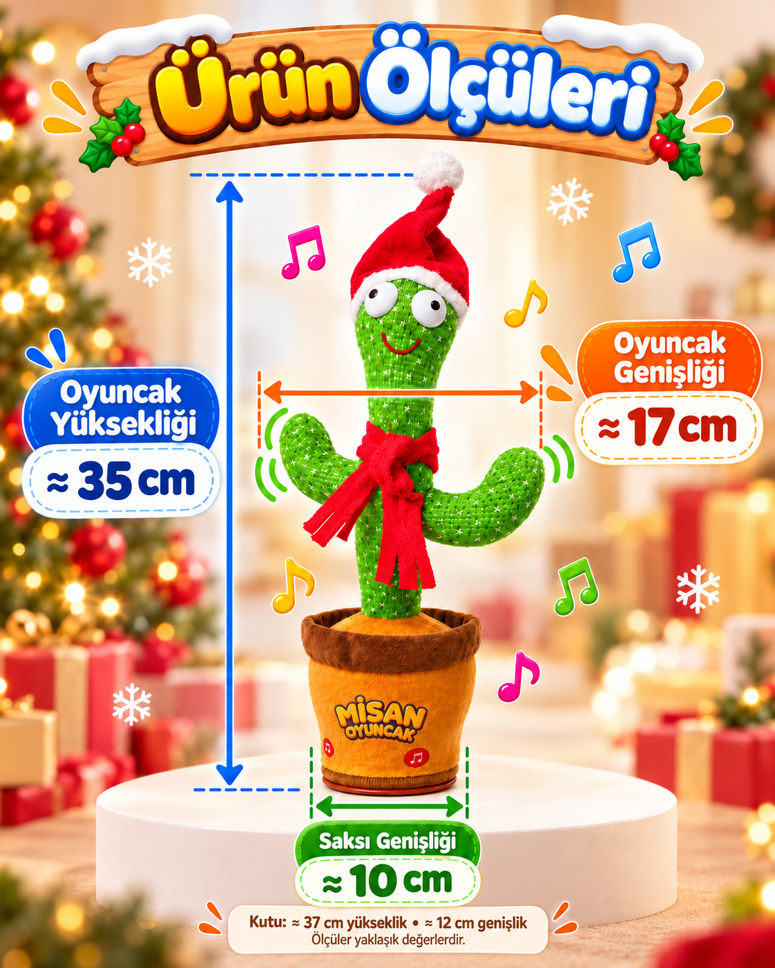 100 Şarkılı Dans Eden Kaktüs Noel Şapkalı ve Kırmızı Atkılı  – Model ve Dil Seçenekli