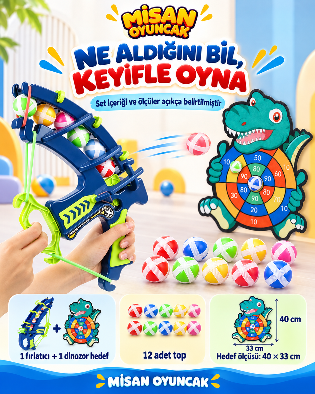 Dinozor Hedef Vurma Oyunu – 12 Toplu, Puanlı Hedef Tahtası ve Top Fırlatıcı Seti