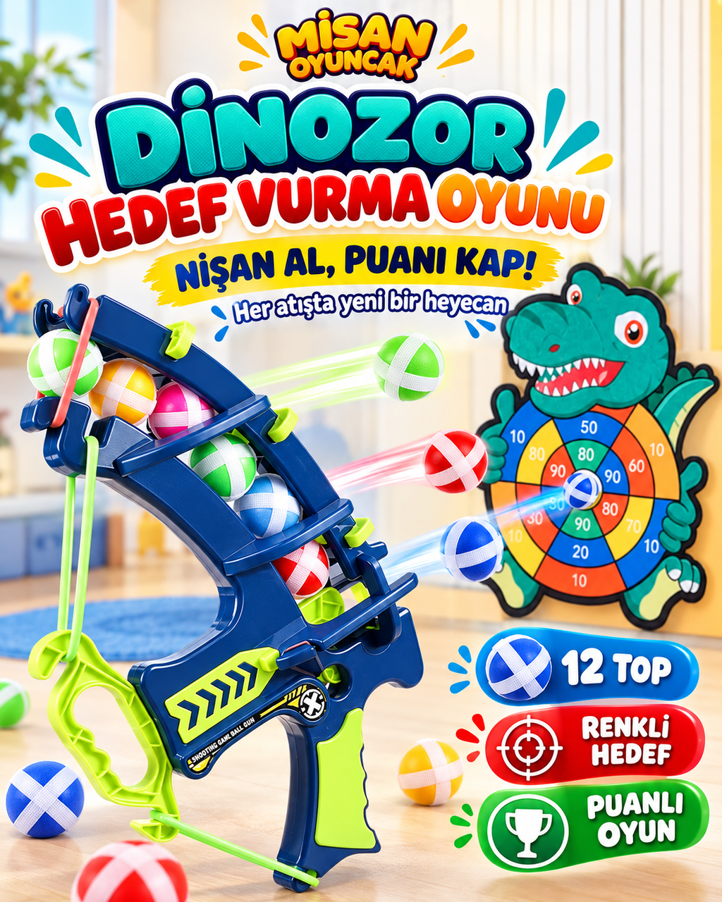 Dinozor Hedef Vurma Oyunu – 12 Toplu, Puanlı Hedef Tahtası ve Top Fırlatıcı Seti