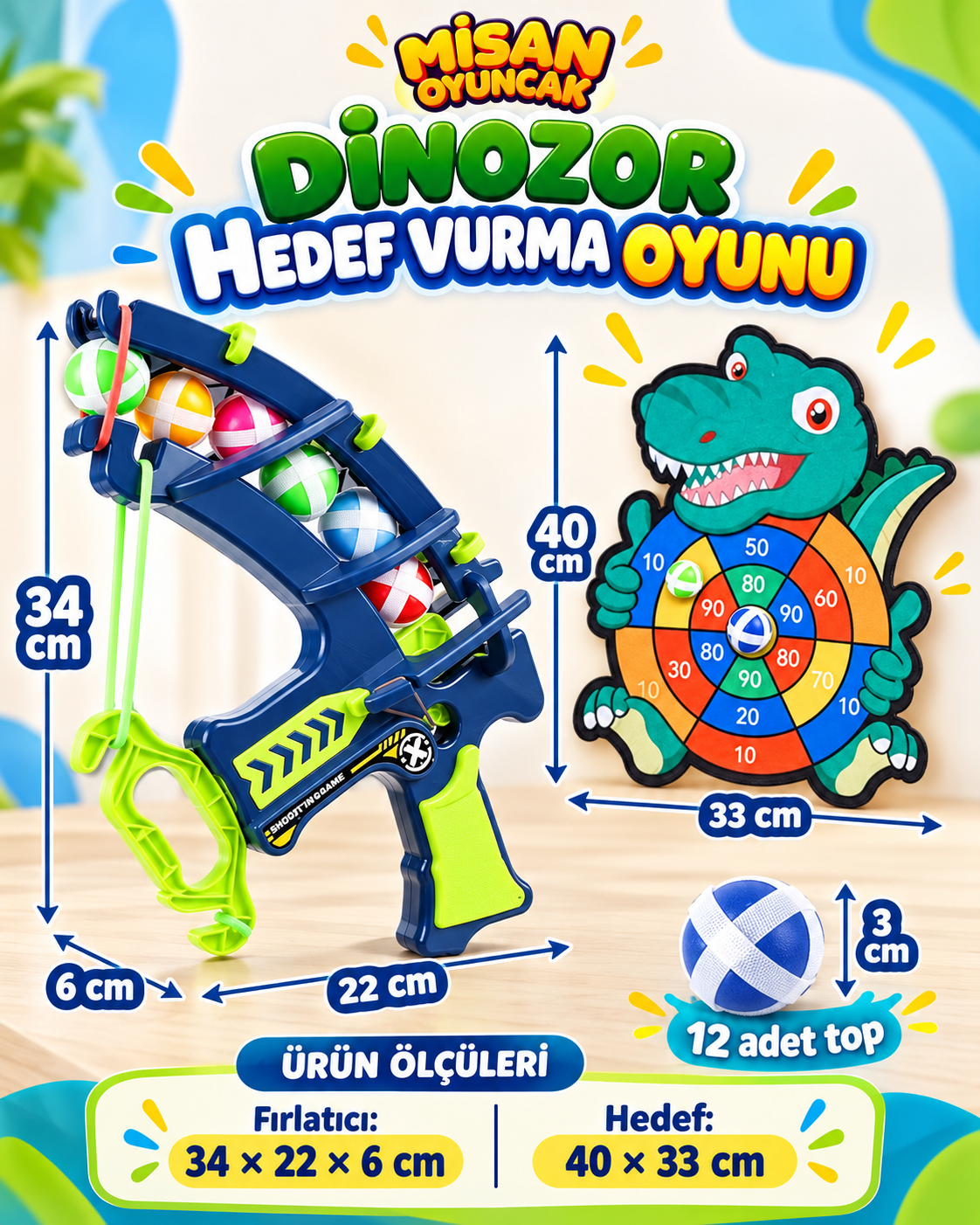 Dinozor Hedef Vurma Oyunu – 12 Toplu, Puanlı Hedef Tahtası ve Top Fırlatıcı Seti
