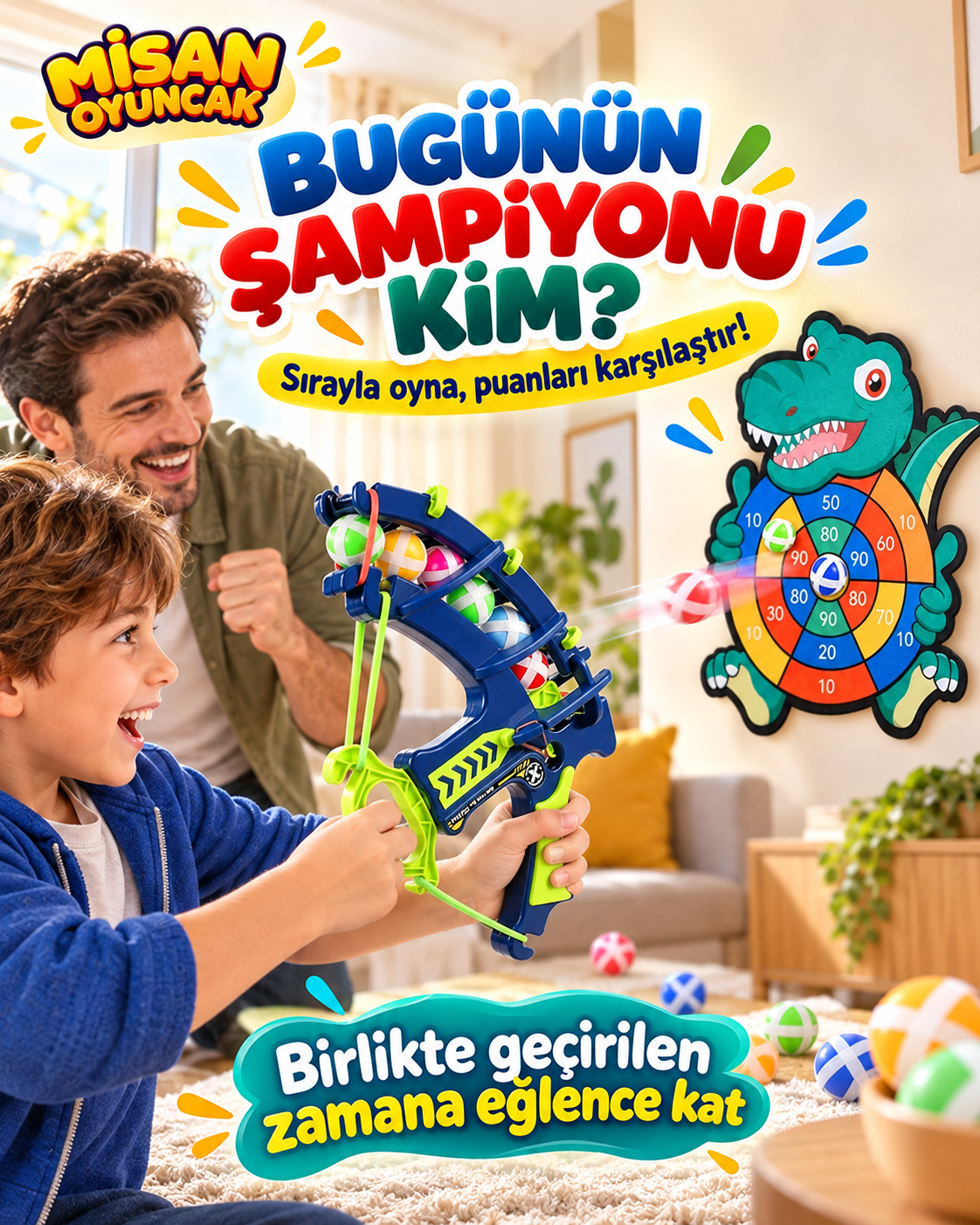 Dinozor Hedef Vurma Oyunu – 12 Toplu, Puanlı Hedef Tahtası ve Top Fırlatıcı Seti