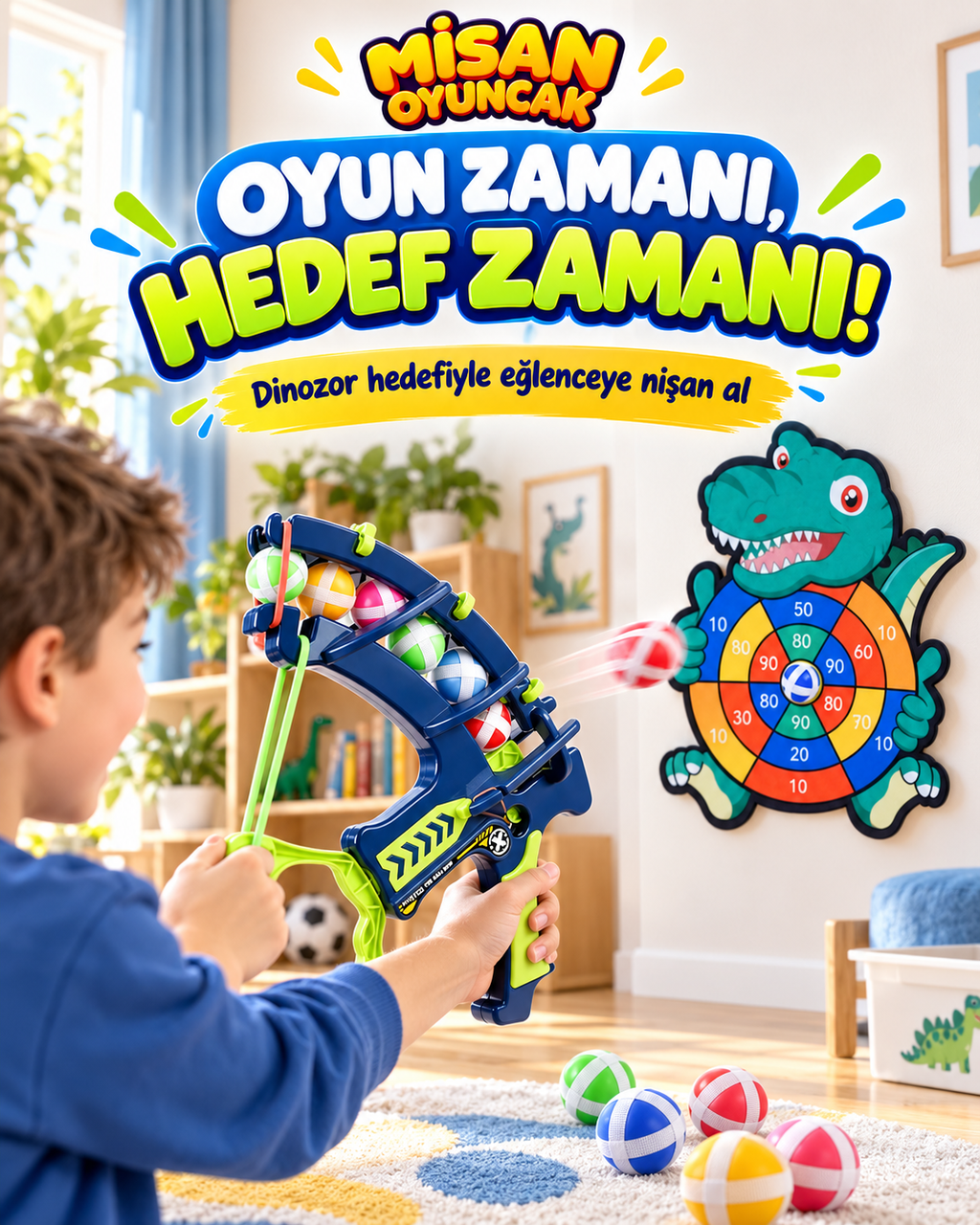 Dinozor Hedef Vurma Oyunu – 12 Toplu, Puanlı Hedef Tahtası ve Top Fırlatıcı Seti