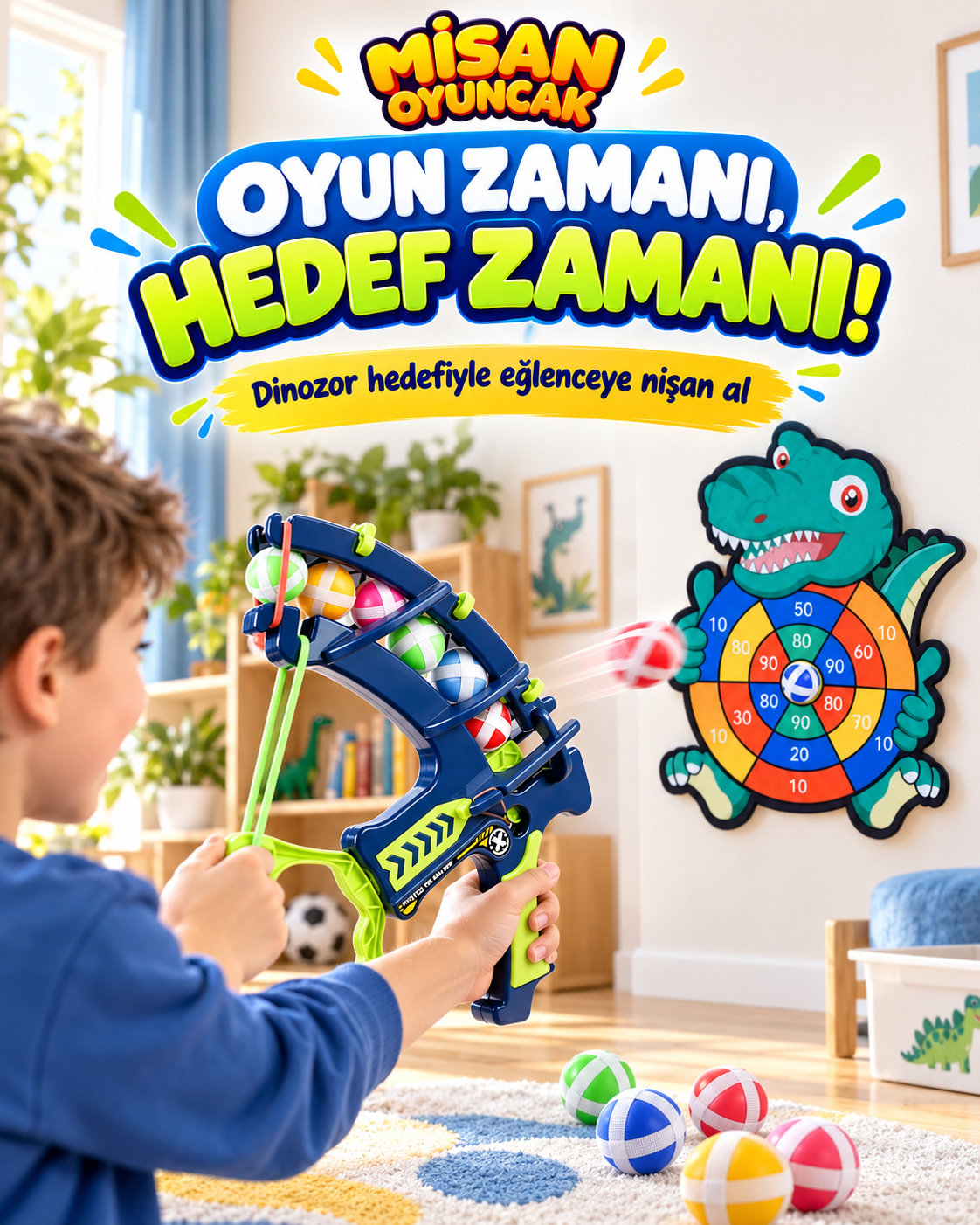 Dinozor Hedef Vurma Oyunu – 12 Toplu, Puanlı Hedef Tahtası ve Top Fırlatıcı Seti