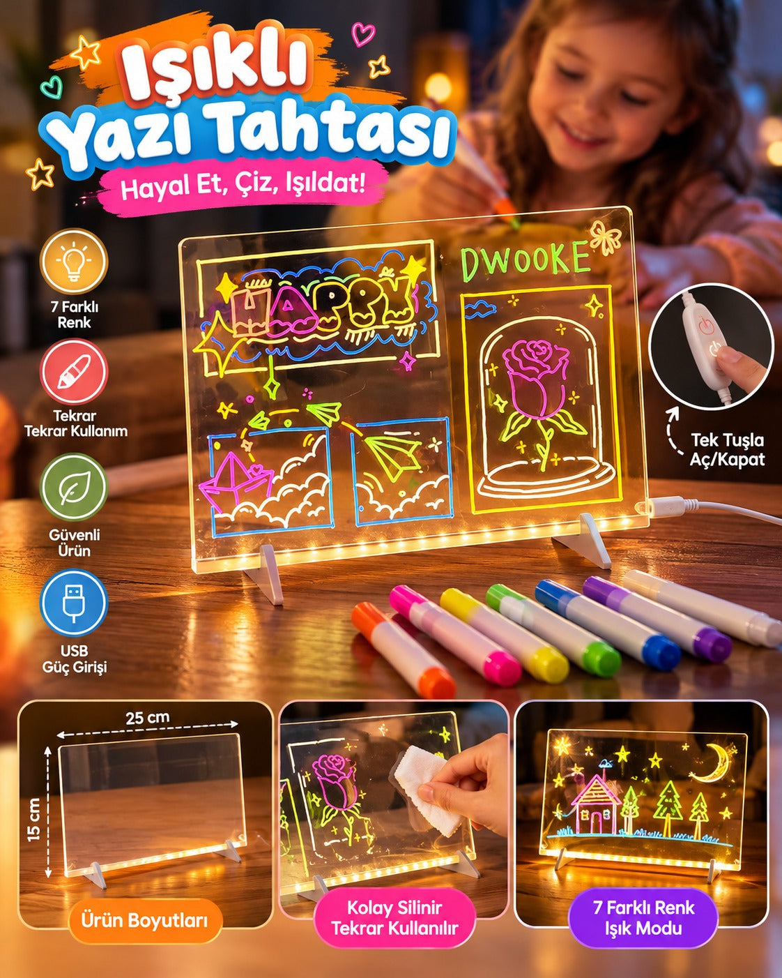 LED Işıklı Yazı Tahtası – 7 Renkli USB'li Silinebilir Neon Çizim ve Not Panosu