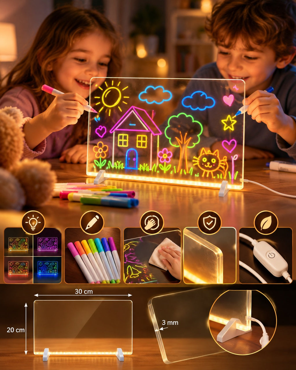 LED Işıklı Yazı Tahtası – 7 Renkli USB'li Silinebilir Neon Çizim ve Not Panosu