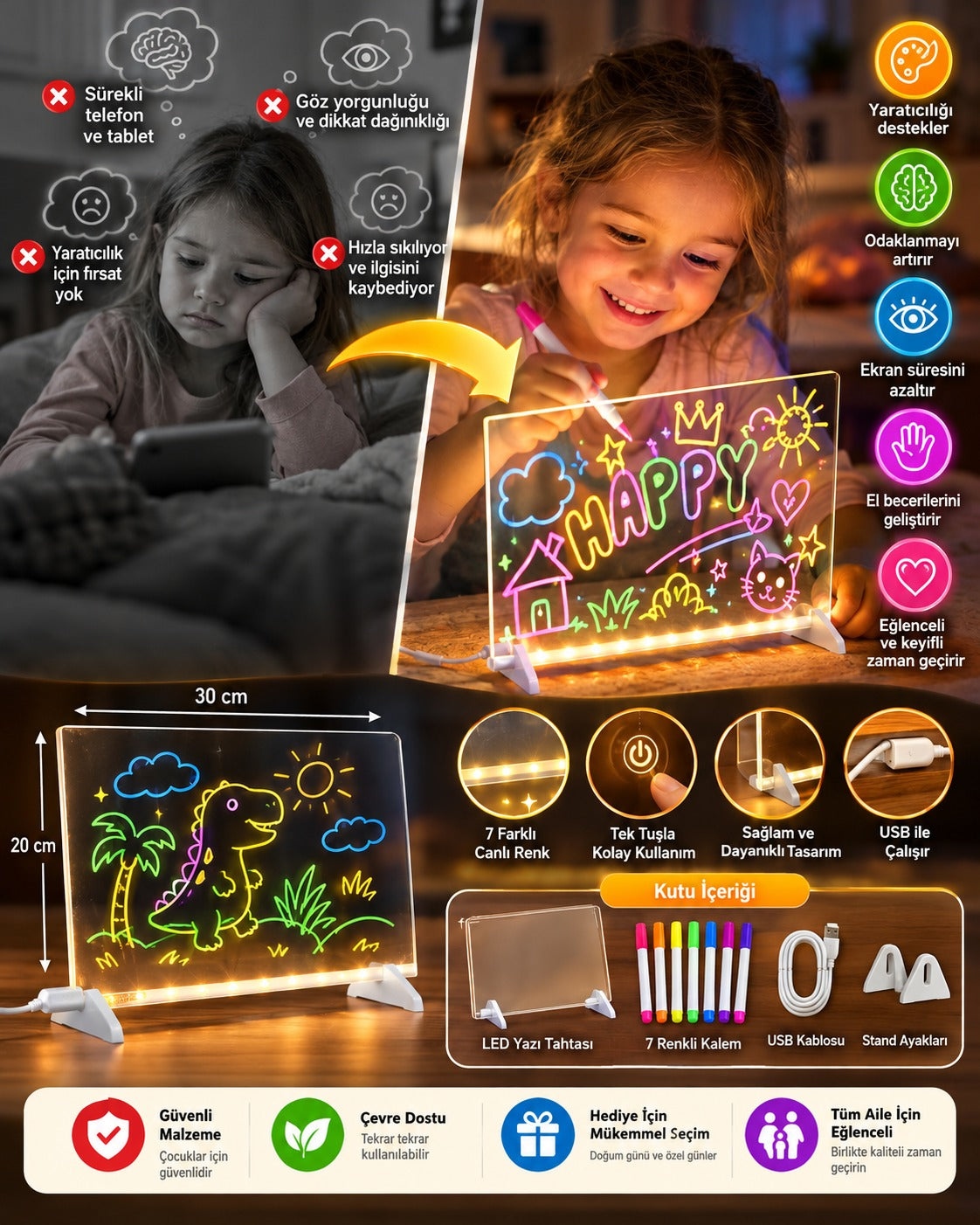 LED Işıklı Yazı Tahtası – 7 Renkli USB'li Silinebilir Neon Çizim ve Not Panosu