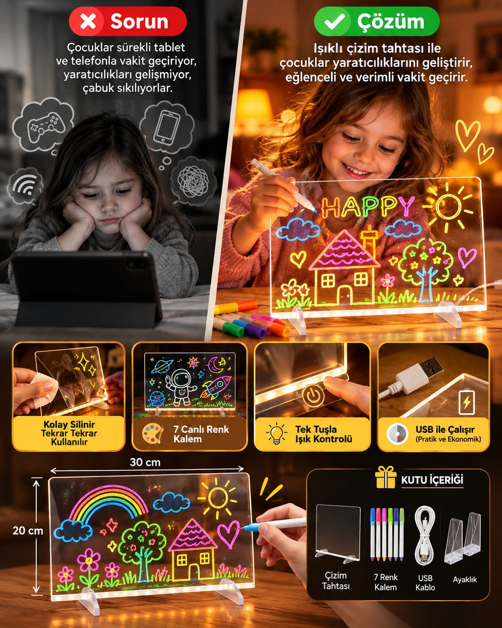 LED Işıklı Yazı Tahtası – 7 Renkli USB'li Silinebilir Neon Çizim ve Not Panosu