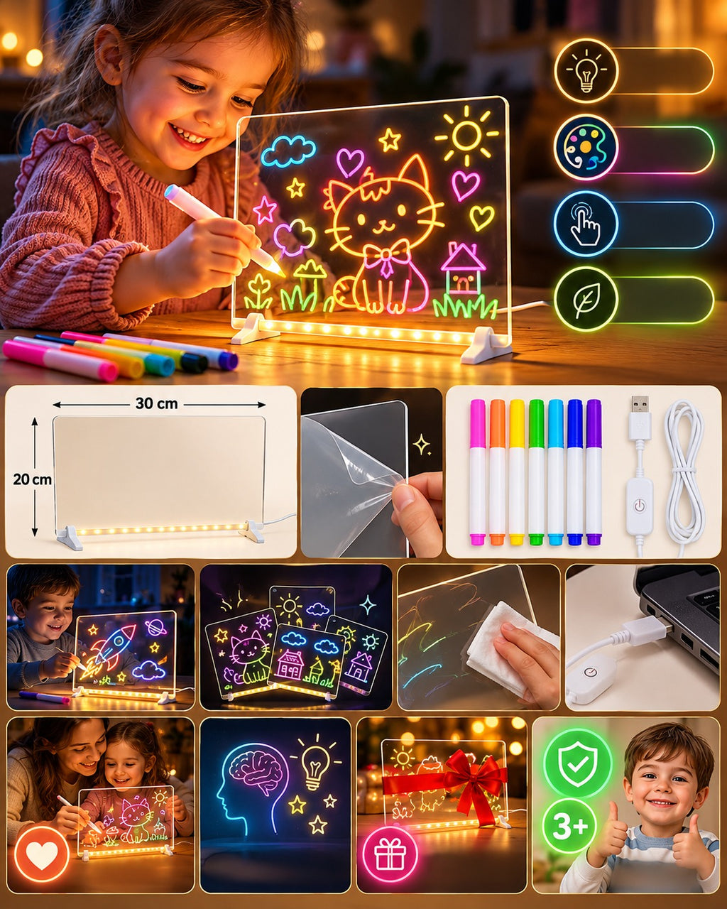 LED Işıklı Yazı Tahtası – 7 Renkli USB'li Silinebilir Neon Çizim ve Not Panosu