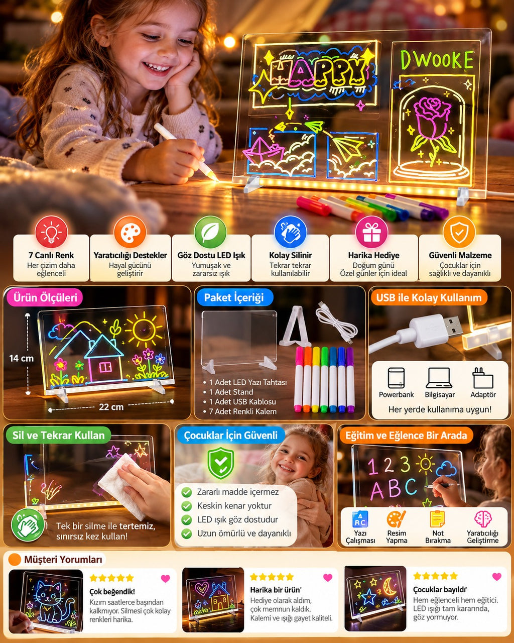 LED Işıklı Yazı Tahtası – 7 Renkli USB'li Silinebilir Neon Çizim ve Not Panosu